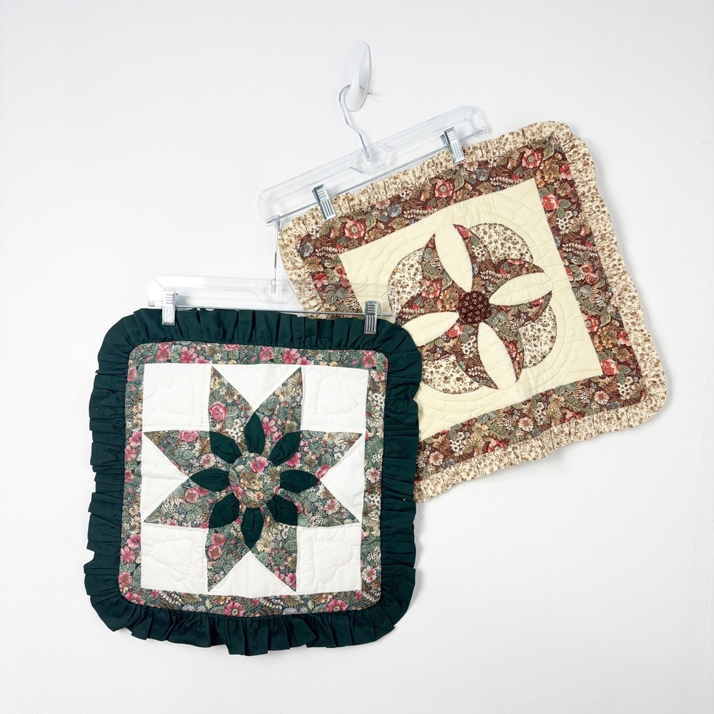 Vintage Handmade Quilted Ruffled Pillow Covers/Shams Set Cottage Boho 15"x15"